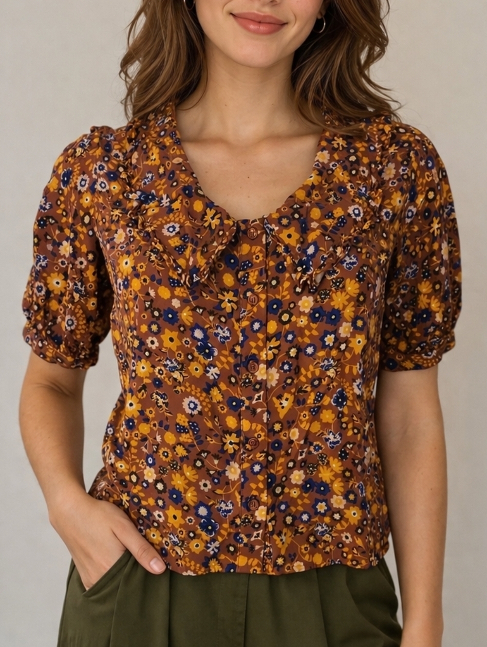 FRESHMAN 1996 Mauve Cottage Ruffle Floral Cropped Button Down Short Sleeve Shirt